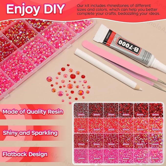 26000PCS Red Resin Flatback Rhinestones for Crafting, Resin Rhinestones for Bedazzling Kit, 2/3/4/5/6mm Flatback Gems Jewels for DIY Mugs Tumblers Clothing Shoes Nail Art