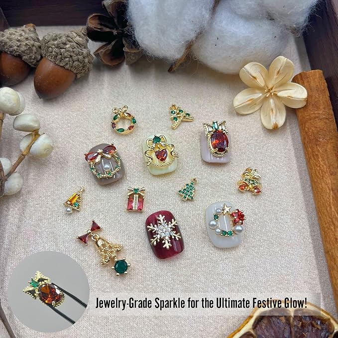 12PCS Christmas Nail Art Charms - Natural Zircon Gems with 3D Alloy Mix Shapes, Luxury Rhinestones & Crystal Diamonds for Shiny Winter Holiday Nail Decorations