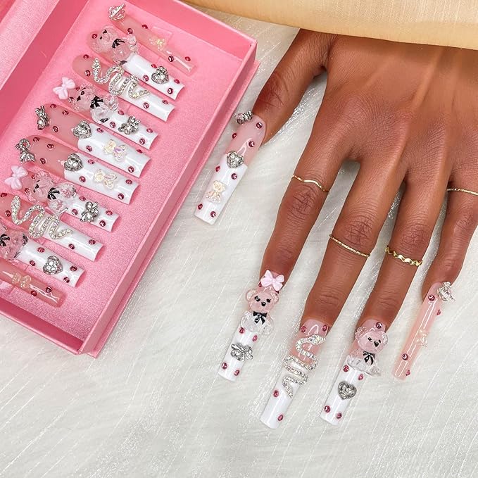 2025 Long Pmma Acrylic Handmade Nail Design Novelty with Rhinestone Bear Love Snake Design Glossy Nail, Reusable Nail Set with Box Gift for Women (White-pink, M)