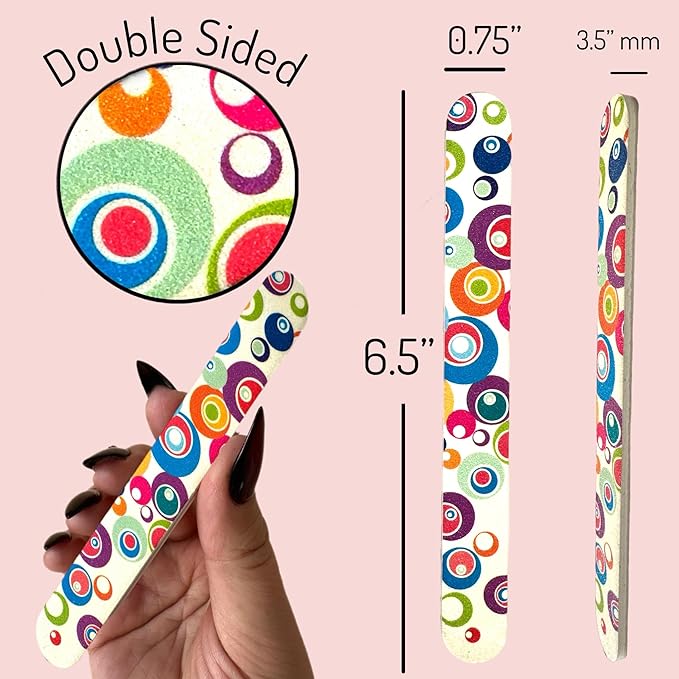 ALAZCO Set of 12 Dual-Sided Nail File Emery Board Heavy Medium Grit Cushioned Washable Easy Grip Comfortable Filing Smoothing Finishing Nails 6.5” Travel TSA Approved (Retro Circles)