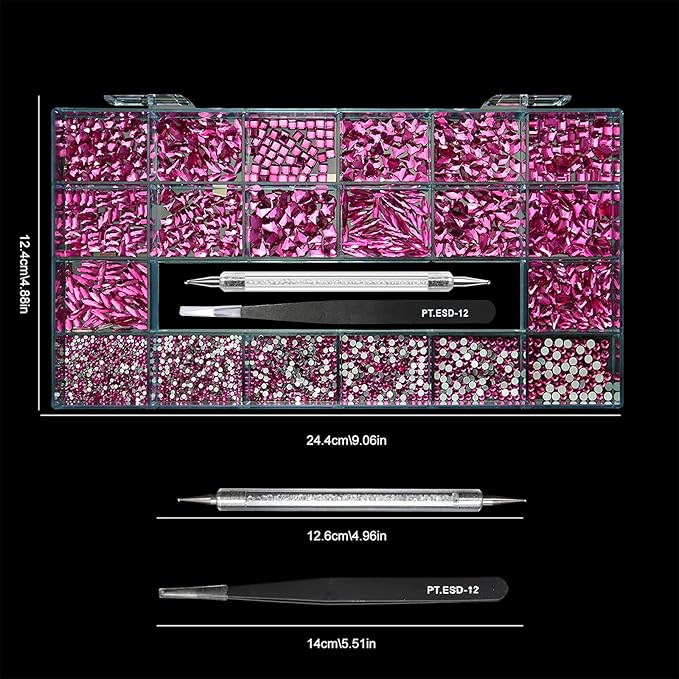 14 Types of 700 Rose Pink Diamonds + 2100 Flat Rhinestones Mix 20 Styles Flatback DIY Crafts Rhinestone Crystals 3D Ornament‌s Flat Back Stones Set + Tweezers + Drill Pen