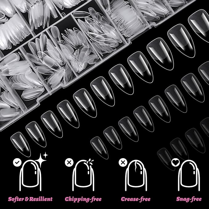 LoveOurHome 600pc Medium Almond Nail Tips Clear Fake Nails Medium Almond Gel Nail Tips Full Cover Acrylic Nails Clear Press on Nails XS Stiletto False Nail 15 Sizes Fingernail for Gel Nail Extension