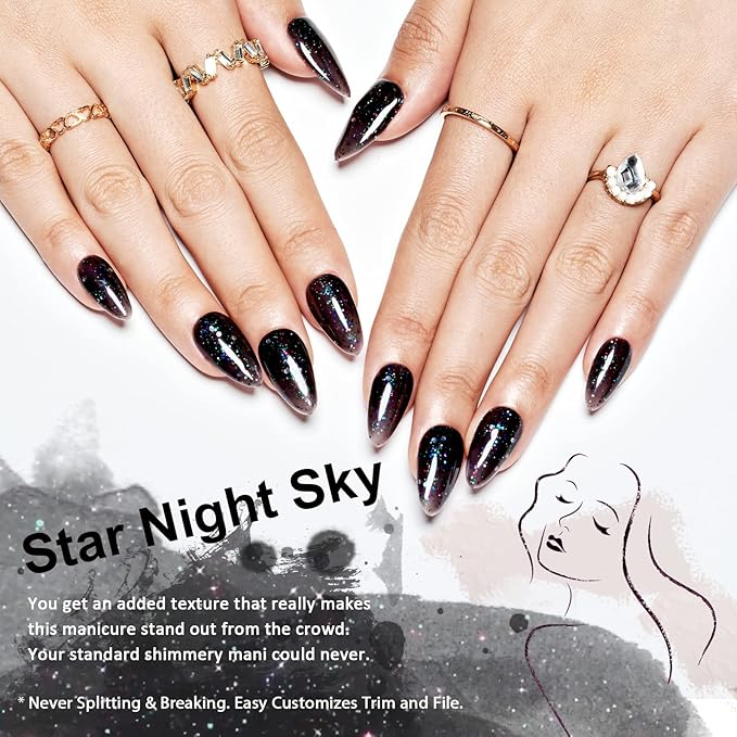 GLAMERMAID Glitter Black Press on Nails Medium Almond, Handmade Glossy Jelly Soft Gel Glue on Nails Stiletto, Galaxy Shrimmer Fake Nails Short Oval, Reusable Acrylic Stick on False Nails Kit for Women