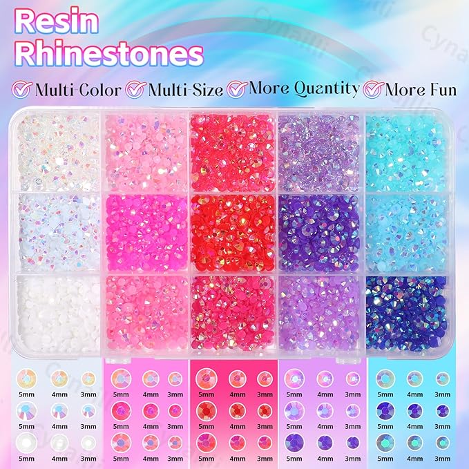 15 Grids Color Resin Bedazzling Rhinestones for Crafting, White Pink Red Purple Blue Rainbow Bedazzling Gems Kit, Jelly Resin Rhinestones for DIY Face Eyes Makeup Crafts Tumblers Bottles
