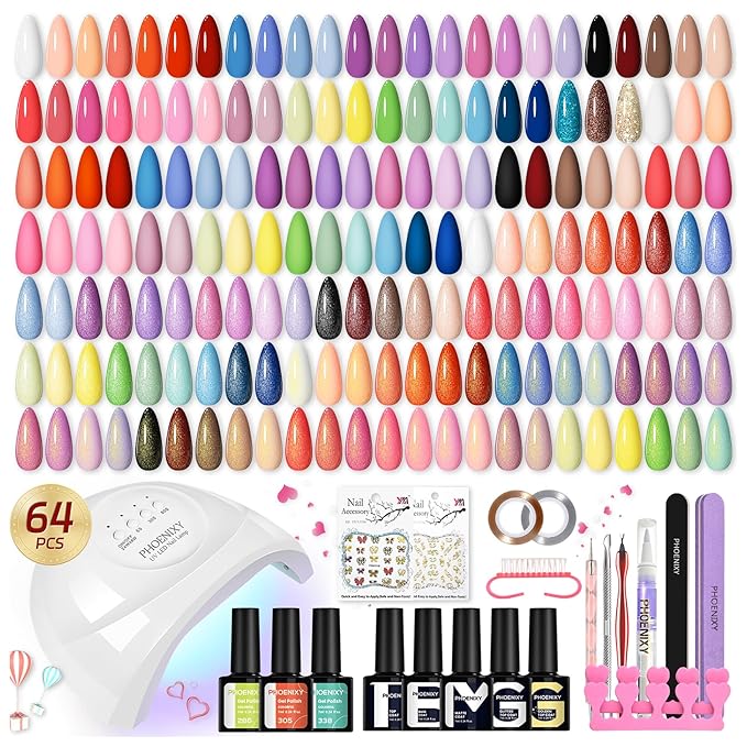 phoenixy Gel Nail Polish Kit with U V Light 64 Pcs Gel Nail Set 45 Colors All Seasons Nail Polish Set Base & 4 Effects Top Coat Manicure Tools Complete Nail Kit Gifts for Women Girls