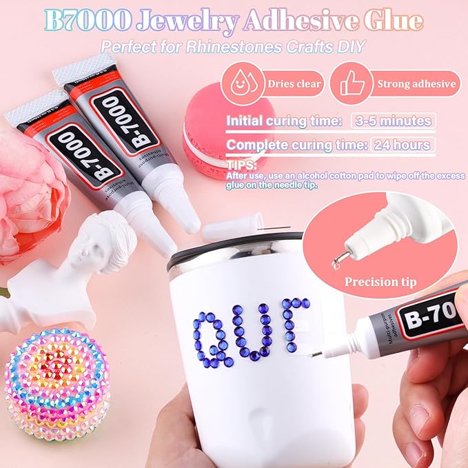 25000Pcs Resin Rhinestones with B7000 Jewelry Glue for Crafting, Royal Blue 2-6mm Non Hotfix Flatback Gems, Bedazzling Crystal for DIY Crafts Clothing Tumblers Mugs Shoes Fabric Decor Nail Art