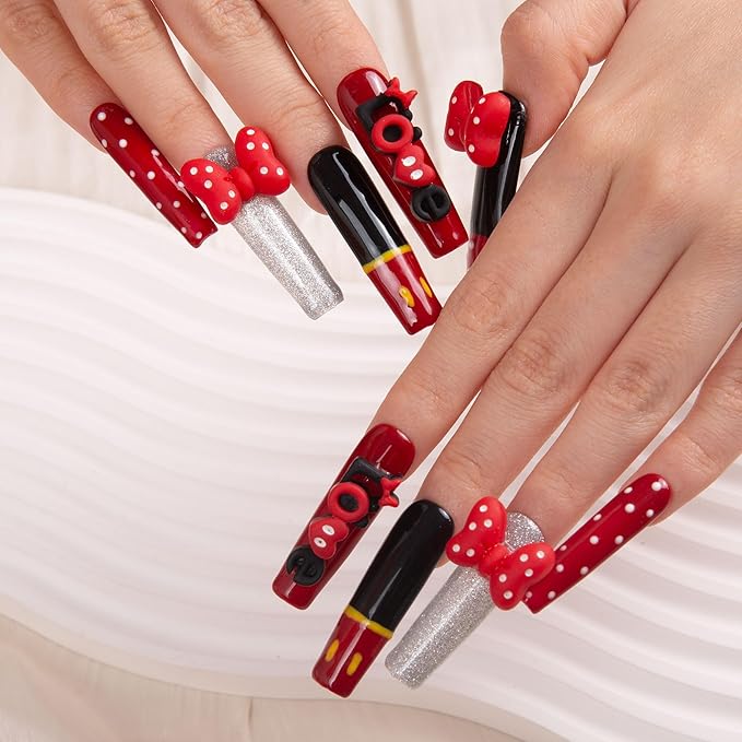 LOVFUL Press on Nails Bowtique| Handmade with Full Covered Crystals| Reusable Fake Nails| Square Mid length 1.7in| H202-M