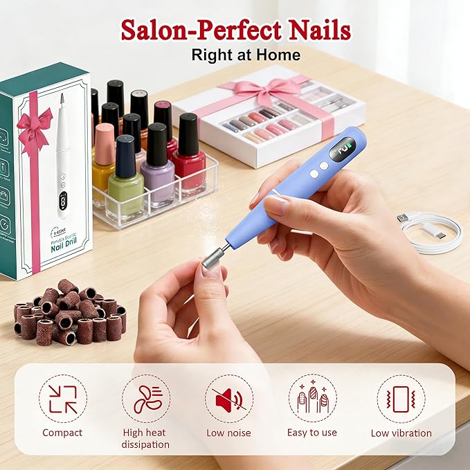 Salon-Grade Electric Nail Drill – Professional Cordless Nail File with LED Display, 6 Specialized Bits & 26 Accessories for Gel/Acrylic Nails & Thick Toenails (Blue)