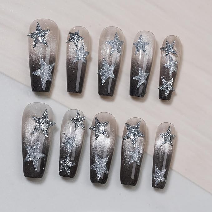 Sun&Beam Nails Handmade Press-on Long Coffin Ballerina Silver Grey Ombre Design Fashion False Nail Tips 10 Pcs Set (#263 XS)