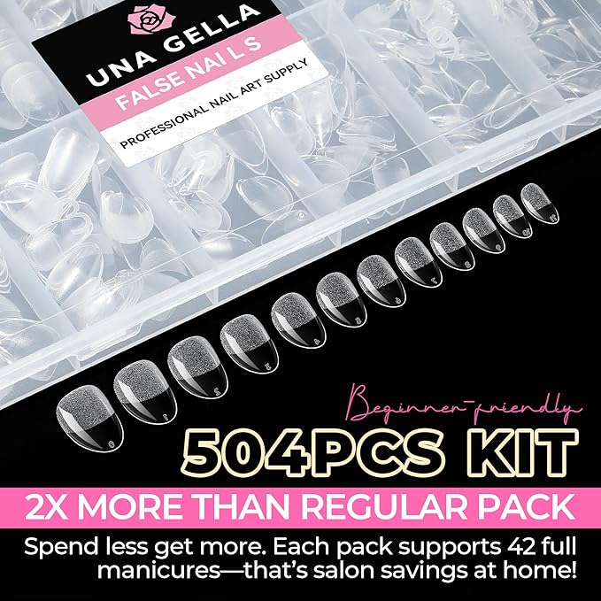 UNA GELLA Extra Short Almond Nail Tips Full Cover 504PCS Gel Nail Tips Short Almond Shaped Nails Tips Soft Gelly Gel Clear Fake Nails Tip for Acrylic Nail Tip Soak Off Home DIY Salon Nails 12 Sizes