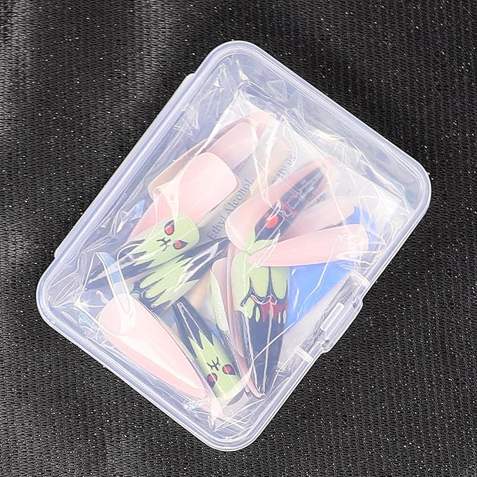 Cute Ghost Press on Nails - Halloween Fake Nails with Black Bat Nail Tip Designs | 3D Long Stiletto False Nail,Reusable Stick on Nail for Women Girls | 12Size - 24Pcs with Jelly Glue