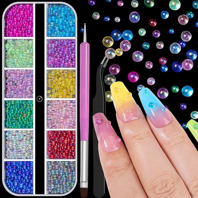 3D Mixed Sizes Bubble Beads Nail Charms Jewelry, 3D Aurora Bubble Beads Nail Charms Colorful Iridescent Mermaid Crystal Gems with Pickup Tools for Nails DIY Crafts Decorations(30-K1-3)