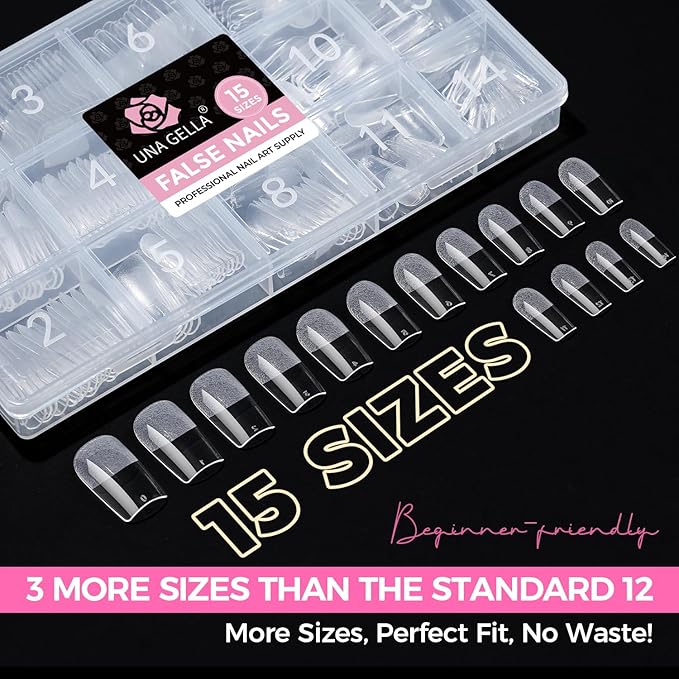 UNA GELLA Square Gel Nail Tips 15 Sizes Medium Square Press on Nails Pre Etched 300pcs Soft Gel Fake Nails Full Cover For Nail Extension Home DIY Nail Salon for Women