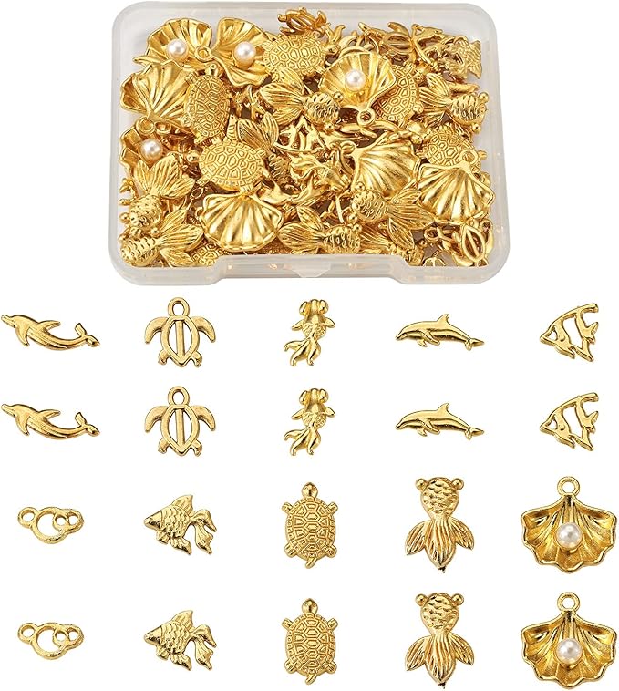 Pandahall 100Pcs Small Alloy Resin Fillers Supplies Ocean Theme Tortoise Fish Dolphin Goldfish Filling Accessories for Resin Jewelry Making