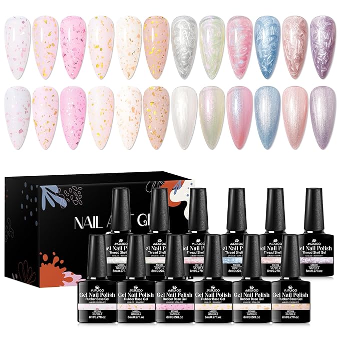 12Pcs Rubber Base Gel Polish, Builder Gel Nail Polish Gold Foil Pink Structure Quick Extension Gel + Pearl Gel Nail Polish Pink Blue Purple Swirl Shell Thread Effect Manicure Kit