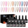 12Pcs Rubber Base Gel Polish, Builder Gel Nail Polish Gold Foil Pink Structure Quick Extension Gel + Pearl Gel Nail Polish Pink Blue Purple Swirl Shell Thread Effect Manicure Kit