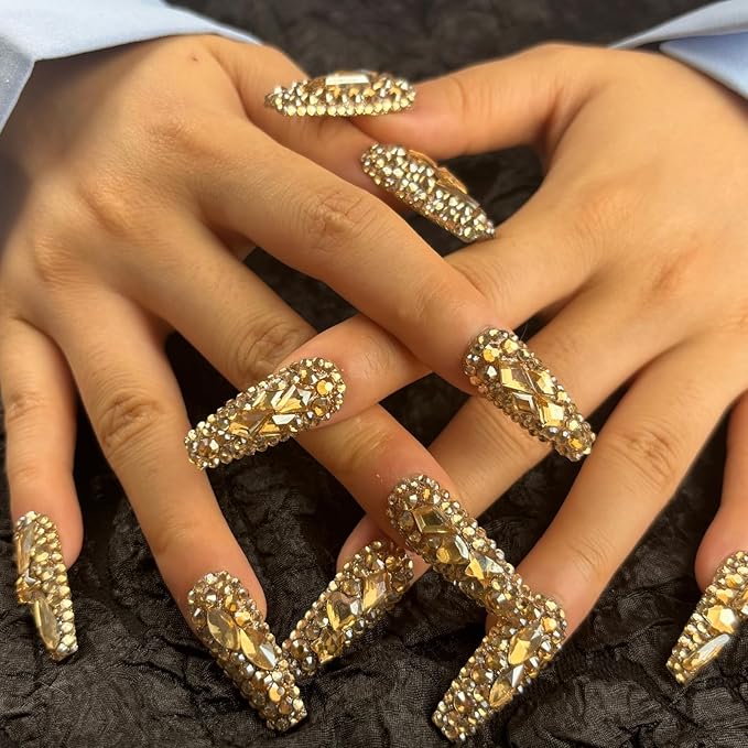 Trendy Handmade Press On Nails Long Square Shape,10Pcs Shimmery Large Acrylic Fake Nails with 3D Champagne Rhinestone Luxury Design Stick On Nail for Woman Gift