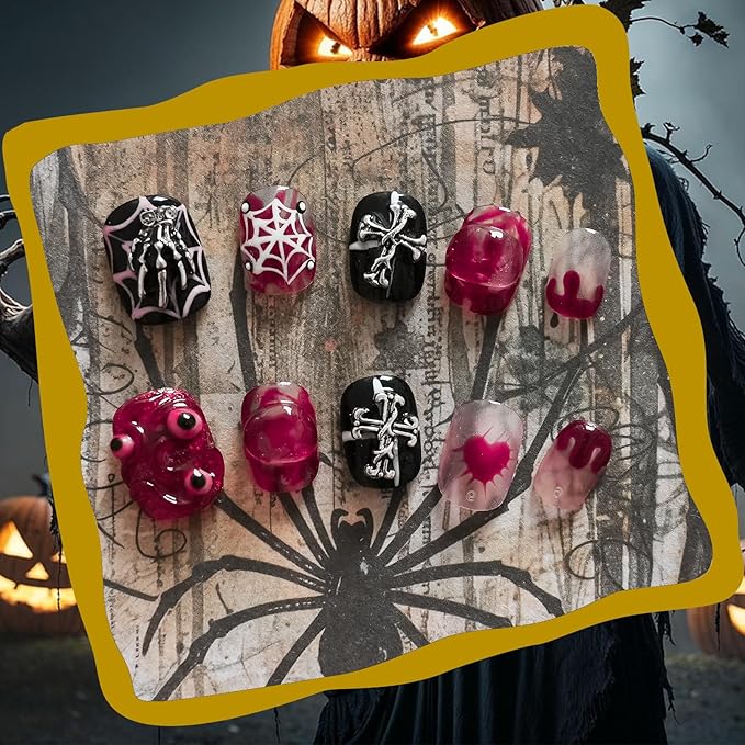Nightmare Before Christmas Press on Nails Dark Gothic Fake Nails - Short Black White Square Nails with Spider Skeleton Cross Eyes Charms Shiny Artificial Stick on Nails for Women (Halloween Monster,M)