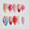 Luxury Press on Nails Medium Almond Handmade 3D Unique Reusable ABS Material Fake Nails French Tip False Nails with Designs Flower Tropical Art Petal Glossy Glue on Nails Thick Acrylic Nails(S)