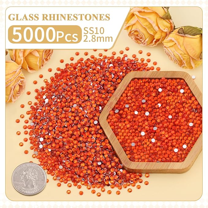 5000PCS SS10/2.8mm Crystal Rhinestones (Orange/Hyacinth) with 2Pcs 10ml B7000 Jewelry Glue, Bedazzling Flatback Glass Rhinestones for Crafting, Gems Diomand Charms for Tumbler Shoes Clothing Nail Art