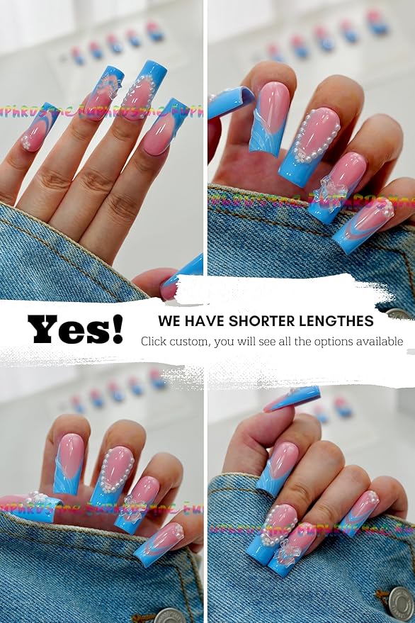 Euphrosyne Kawaii Press On Nails – 10pcs Medium Square Fake Nails in Blue and Pink with Pearls, 3D Flowers & Wavy Designs | Cute Korean Y2K Stick-On Nails for Girls and Teens
