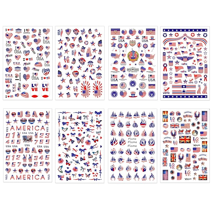 8 Sheets 4th of July Nail Stickers, Independence Day Patriotic Nail Decals, 3D Design Self-Adhesive Memorial Day USA Flag Star Nail Art