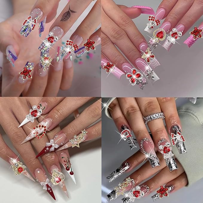 24PCS Red Nail Charms Y2k Alloy Nail Art Rhinestone Charms 3D Heart Star Sailor Moon Nail Charms with Rhinestones Bear Cherry Nail Gems Shiny Jewelry Nail Decorations Supplies C