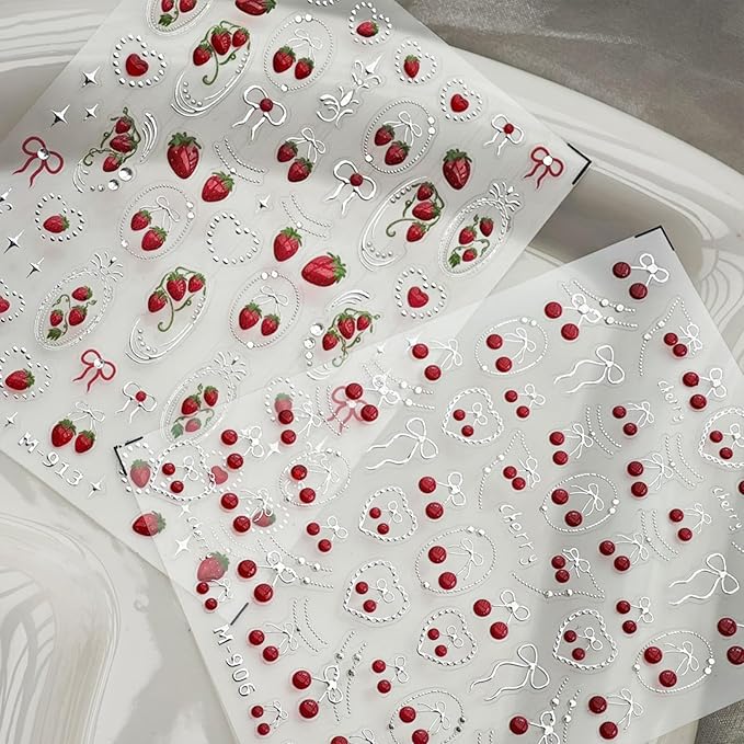 Cherry Nail Sticker Strawberry Nail Decals Silver Nails Art Stickers with Jerry Design 5D Embossed Fruit Nail Art Decal for Women Girls Kid Spring Summer Manicure Supply Decoration Accessories