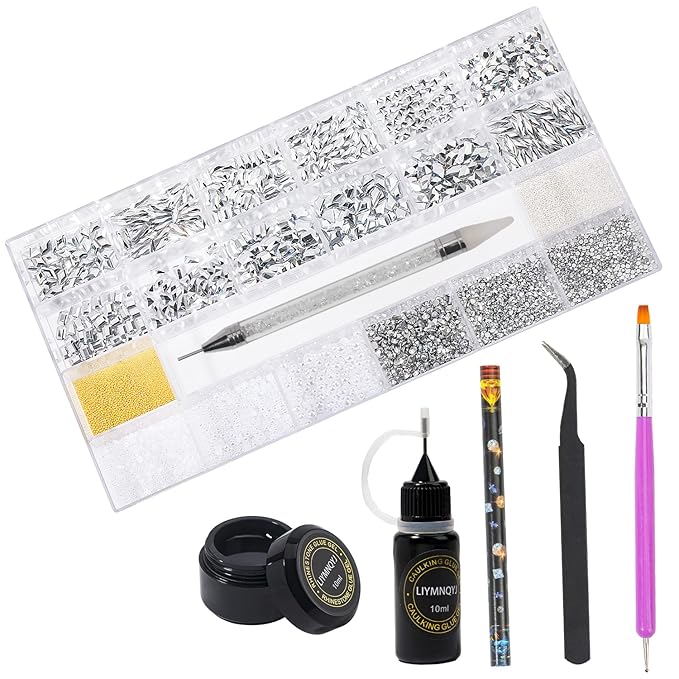 Nail Rhinestones Kit 9080PCS Flatback Rhinestones for Nail Crystals Decoration Nail Hearts Multi Shapes Mix Size and Metal Beads Pearl Gold Silver with Glue Gel and Pen Brush Tweezers(Mine Silver)