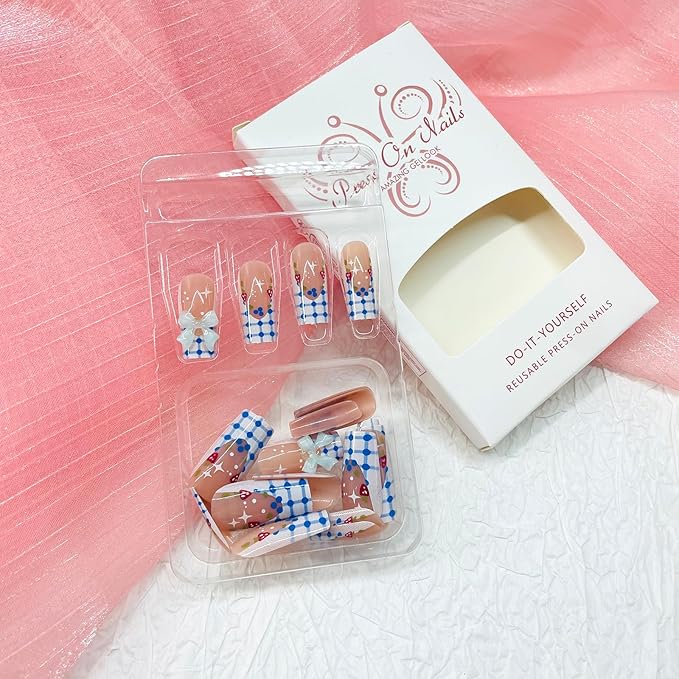 Square Press on Nails Medium Fake Nails with Designs Bow Stick on Nail Strawberry Acrylic False Nail French Glossy Artificial Nail Full Cover Glue on Nails for Women