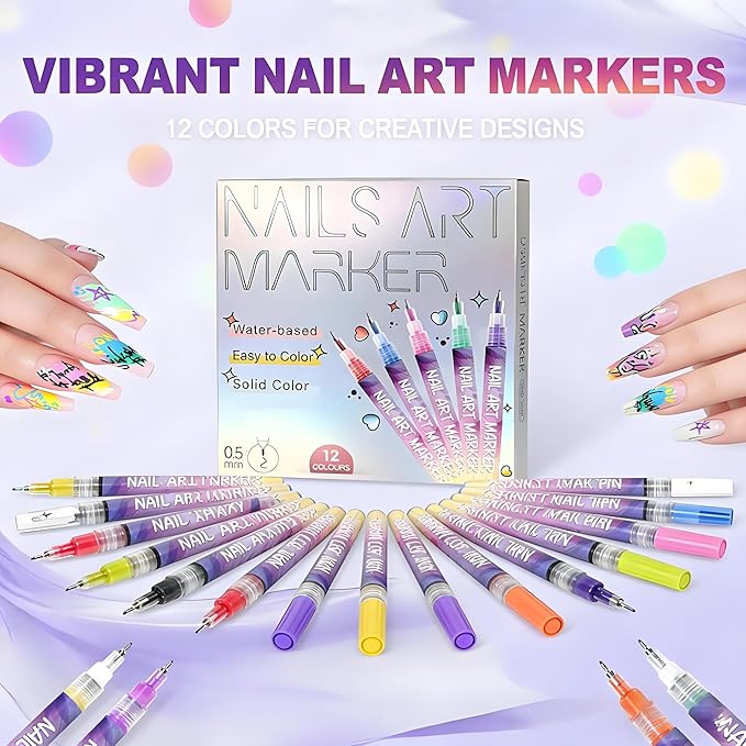 12 Colors Nails Art Pens Set with 0.55mm Fine Tip,Nails Art Markers for Gel Nails,3D Nails Art Marker Drawing Painting Liner Pen,Nails Art Nail DIY Decoration for Kids (B-2 Sets)
