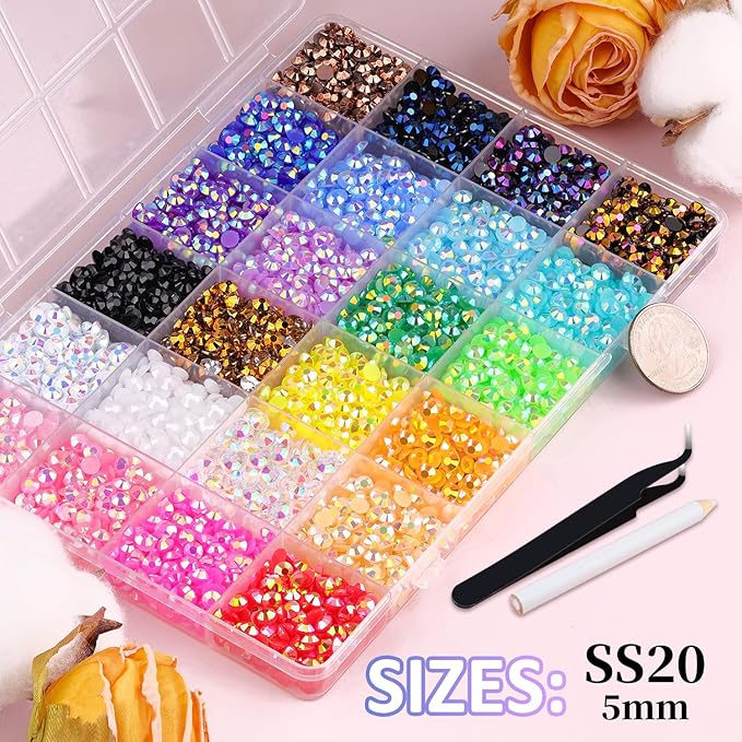 8500Pcs Resin Jelly Rhinestones with Tweezers for Crafting, Mixed-Color 5mm Flatback Gems, Bedazzling Crystal with 3Pcs 10ml B7000 Jewelry Glue for DIY Crafts Clothing Tumblers Shoes Nail Art