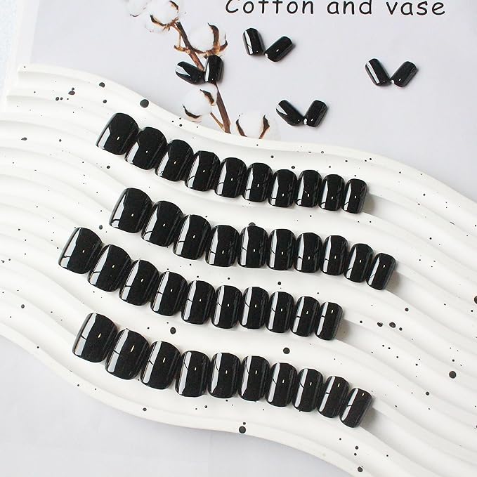 Black Press on Nails Short Square, Natural Short Gel Nails Glue on Acrylic Nails Press ons, 48Pcs Thick Reusable Fake Nails for Women, Short Coffin Artificial Nails New Solid Color Square Nails