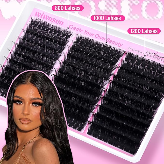 wiwoseo Fluffy Lash Clusters Kit Mink Lashes Clusters Kit Salon Like Eyelash Clusters Kit 80D+100D+120D Cluster Eyelash Extensions kit with Bond and Seal 10-18MM Full of Volume Individual Lashes Kit