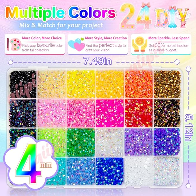 24 Color 7200pcs 4mm Jelly Resin Rhinestones for Bedazzling Crafting SS16 Flatback Stones Colorful AB Gems Charms for Nails Eyes Face Makeup Tumblers Bottles DIY Crafts Clothes Shoes Phones