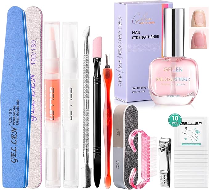 Gellen Nail Care Kit Manicure Tools Kit: Nail Strengthener and 2Pcs Nail File & Buffer 100/180, Cuticle Pusher Pen, Cuticle Oil & Remover, Fork | Nail Clipper & Brush