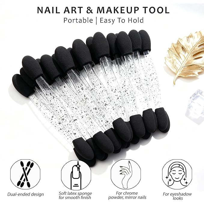 Black 50PCS Chrome Nail Powder Applicators & Nail Dust Brush, Dual-Sided Nail Chrome Applicator, Soft Sponge Eyeshadow Applicators for Chrome Powder & Metallic Mirror Nails