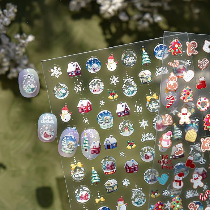 Christmas Nail Stickers Gingerbread Man Nail Art Stickers Xmas Crystal Ball Nail Decals with Design 5D Embossed Self Adhesive Nails Charms for Women Girls Manicure Decoration Accessories 2 Sheets
