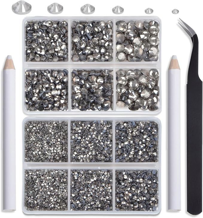NCB Hotfix Iron on 8000pcs Crystal Rhinestones Round Gem for Crafts Decoration DIY Jewelry Making with a Tweezers and 2 Picking pens (Black Diamond, 6Sizes SS4-SS30)