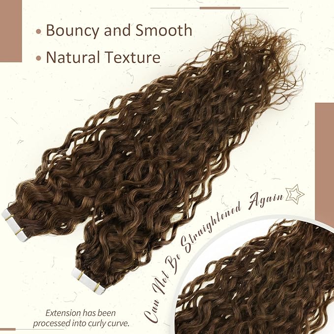 RUNATURE Curly Tape ins Human Hair Extensions 14 Inch Medium Borwn Tape in Hair Extensions Human Hair Curly Skin Weft Curly Hair Tape in Extensions for Women Natural Wave Double Sided 50g 20pcs
