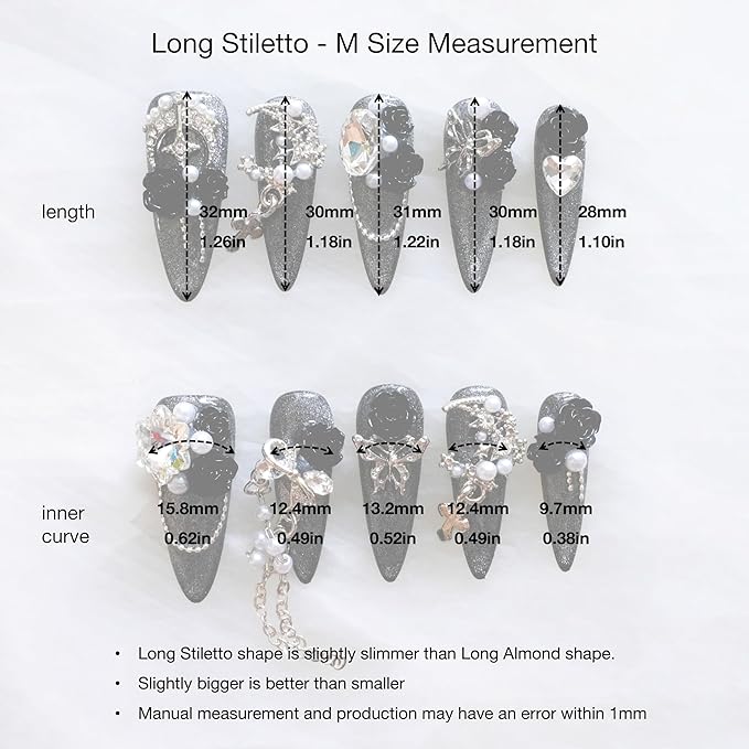 Luxury Long Stiletto Press-On Nails, 3D Black Roses with Silver Glitter, Pearl and Rhinestone Decorations, Handmade False Nail 10 Pieces (Medium, LS)