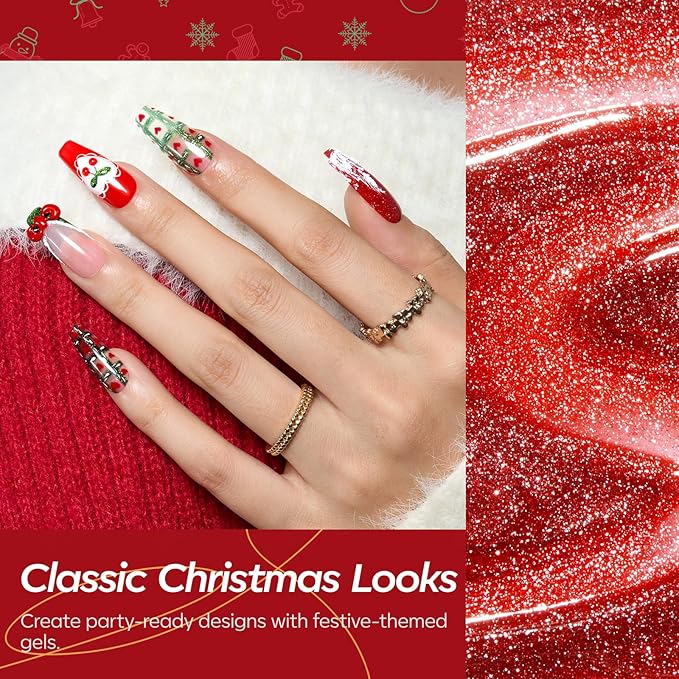 modelones Gel Nail Polish Set, 6 Colors White Red Dark Green 9D Cat Eye Gel Polish Gold Stars Ornament Glitter Nail Polish with Stickers & Magnet & Wooden Stick LED Mani DIY Gift