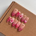 10Pcs Press On Nails Handmade Almond Shaped Fashionable Nail Art for Women, 3D French Floral Fake Nails, Reusable Artificial False Nails Pink Acrylic Nails Kit (Size M)
