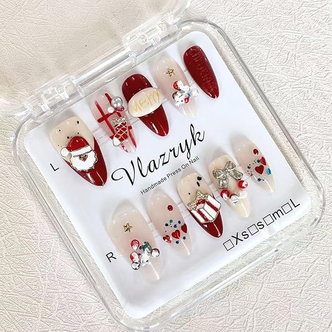 Christmas Handmade Press On Nails – 10pcs Medium Almond Fake Nails, 100% Handmade 3D Santa Claus Designs, Thick Gel Acrylic Full Cover False Nails for Women