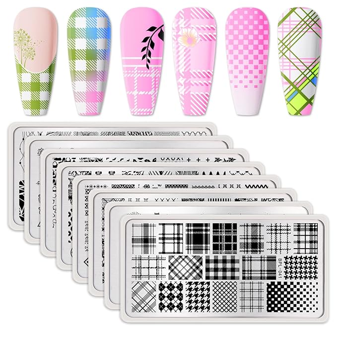 Born Pretty Nail Stamping Plates Set Plaid Flowers Leaves Lace Nail Art Image Plates Spring into Winter Stamp Templates Kit Image Manicuring DIY Printing Tools 8PCS