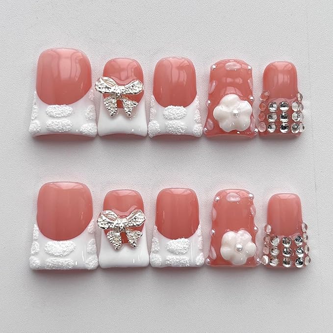 White French Tip Press on Nails Handmade Short Duck 3D Thick Acrylic Nails Elegant False Nails with Flower Bow Rhinestones Designs Wedding Glossy Fake Nail Sturdy Art Press on Nail 10Pcs(M)