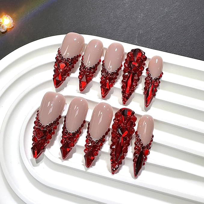 Red Rhinestone French Tip Fake Nails Long Handmade Press on Nails Almond False Nails with 3D Designs Luxury Glue On Nail Full Cover Stick on Nail for Women Manicure 10Pcs (Size M)