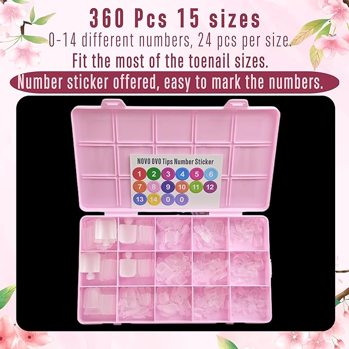 NOVO OVO Sharp Square Toe Nail Tips Press on Full cover, Soft Gel False Toenail Extension Kit, Clear Double Matte Long/Medium Wide Fake Toenails for Salon DIY Acrylic Pedicure x 15 Sizes 360 Pcs