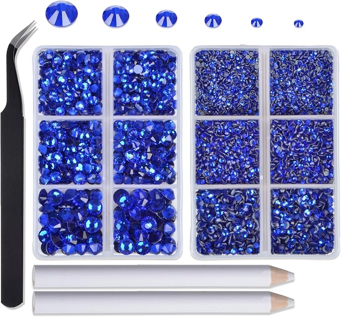 8000pcs Hotfix Rhinestones Flatback,Rhinestones for Crafts Clothes Mixed 6 Sizes, Hotfix Crystals with Wax Pencil Kit, SS4-SS30,Sapphire