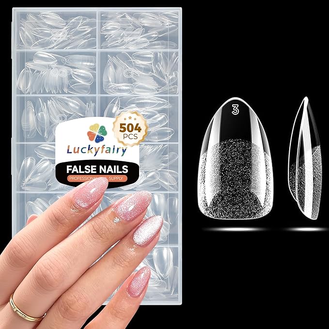 Short Almond Nail Tips: 504pcs Pre-Etched Soft Gel Nail Tips, Tri-Layer Core Short Fake Nails, 12 Sizes Half Matte Full Cover Clear Press on Nails Extension DIY for Flat & Natural Nail Beds